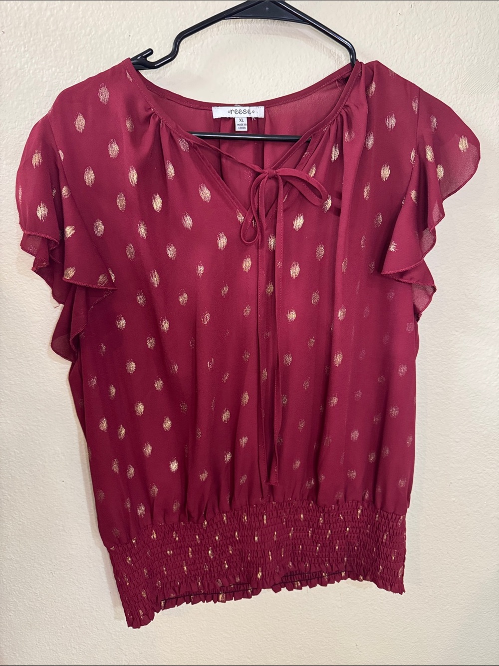 Burgundy Metallic Dot Tie-Neck Flutter Sleeve Blouse
